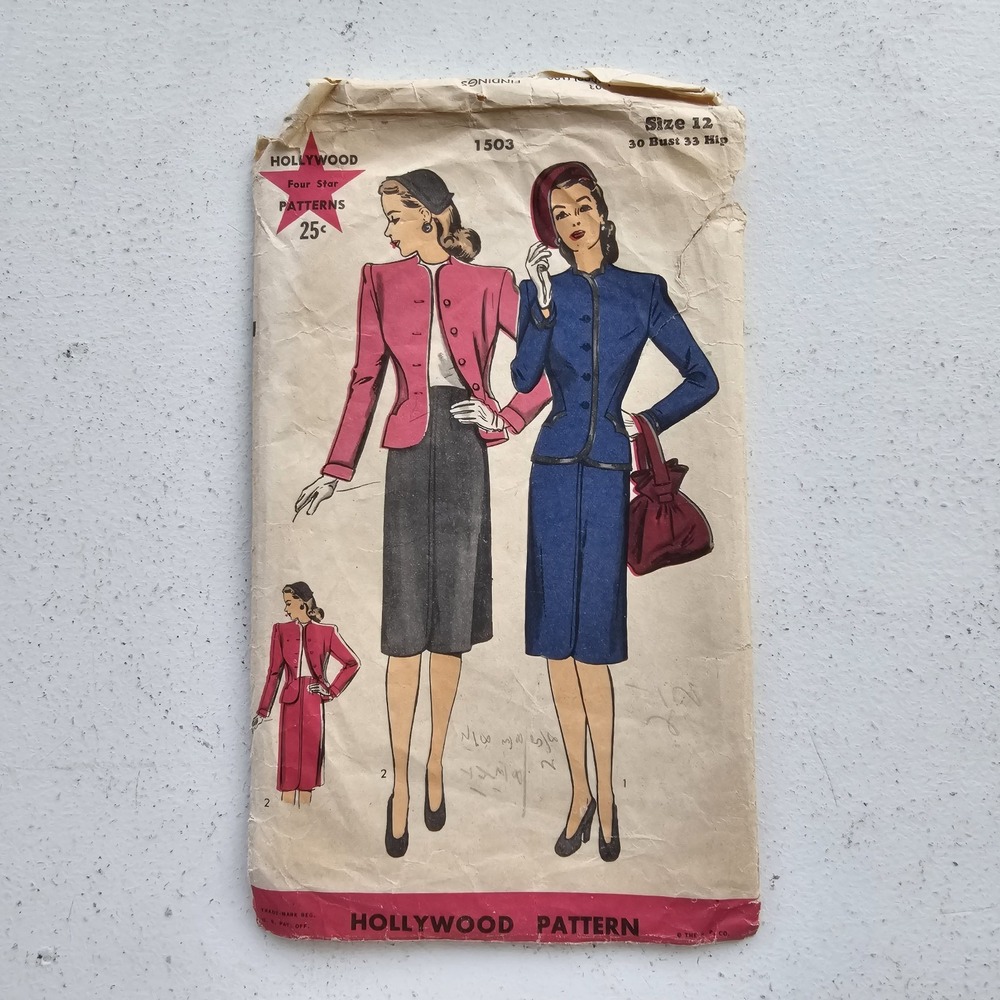 1940s Vintage 30" Bust Hollywood Pattern 1503 Skirt Blazer Set Sewing Pattern